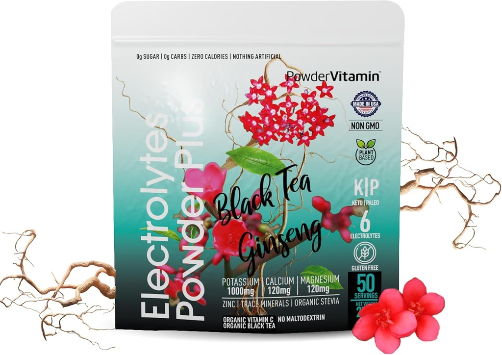 PolvereVitamin Electrolytes Powder Plus (50 Servings) Black Tea Ginseng Electrolyte Powder Keto, Sugar Free, Pink Himalayan Salt, 1000mg Potassium, 120mg Calcium, 120mg Magnesium, Polvere di idratazione