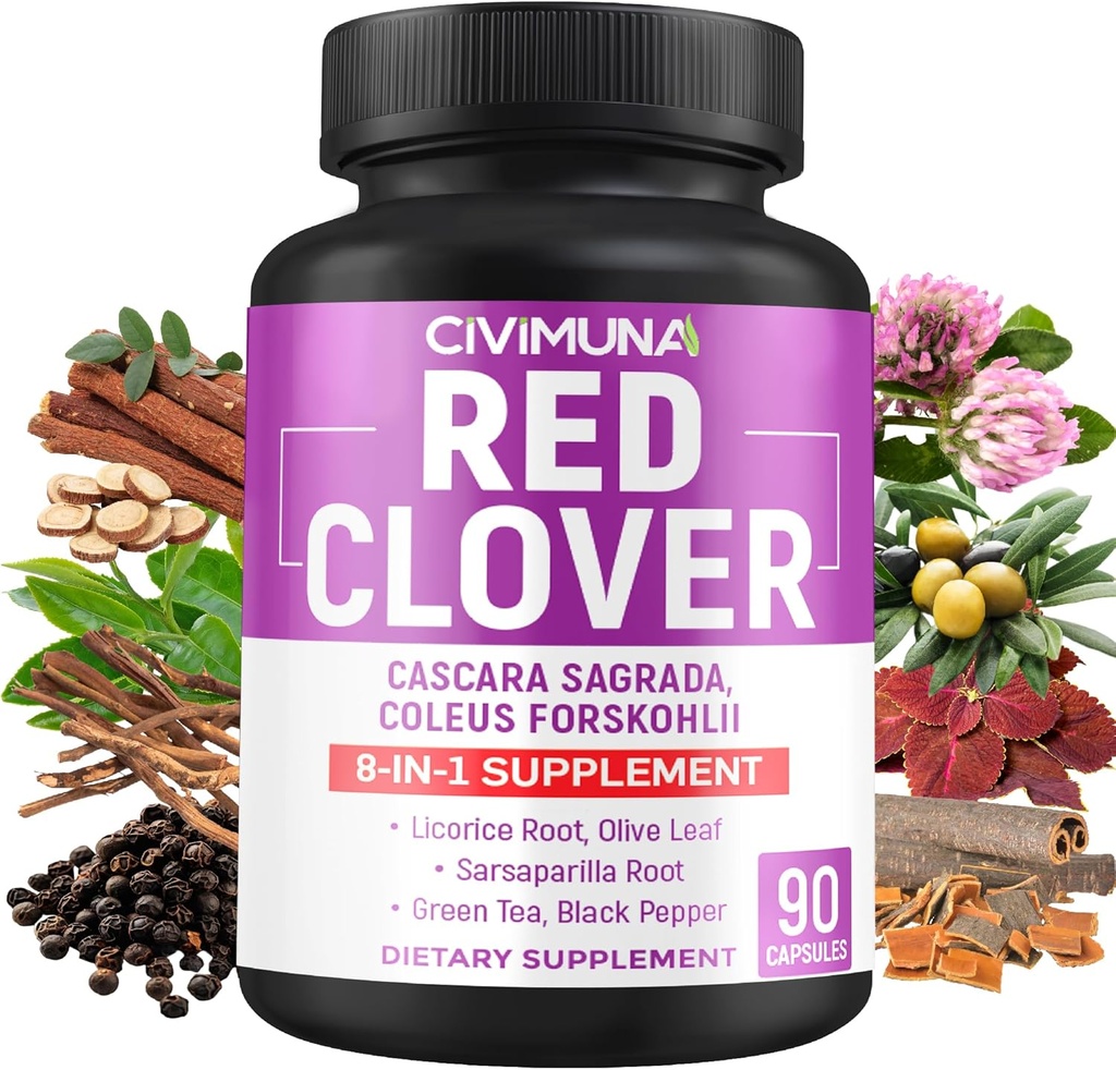 Capsule Clover Rosso con Clover Rosso, Cascara Sagrada Bark, Coleus Forskohlii - 90 capsule per 3 mesi di fornitura