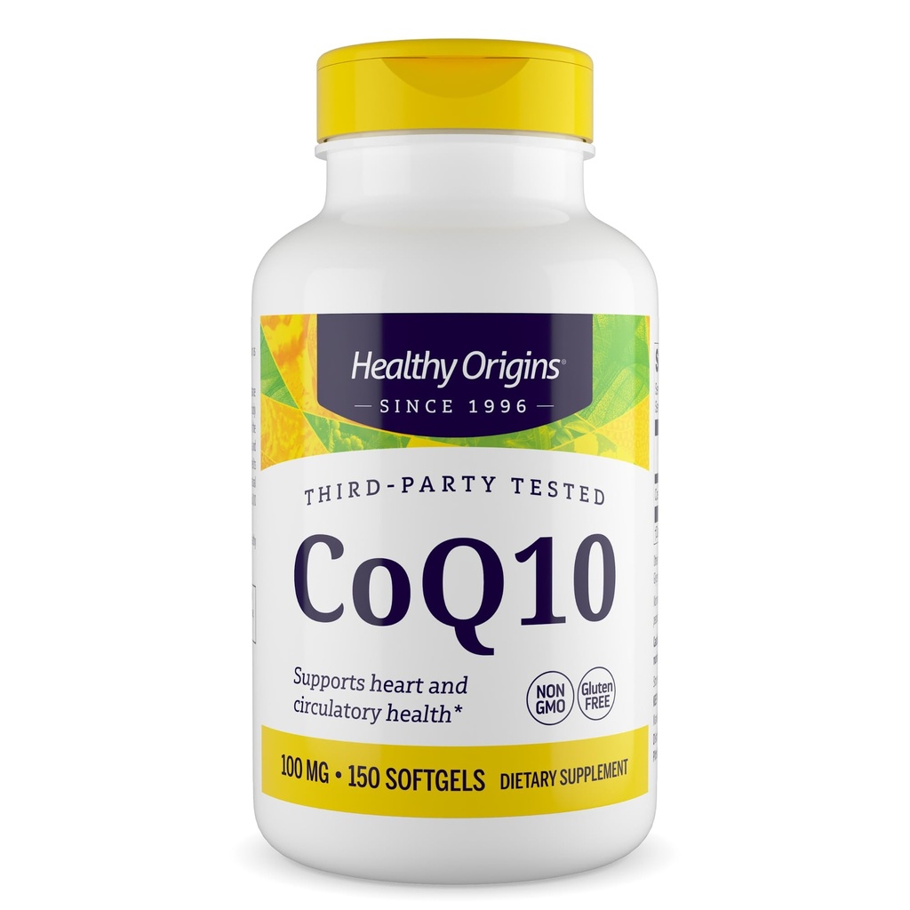 Healthy Origins® CoQ10 100 mg – Natural Trans-Isomer Ubiquinone – lievito fermentato, supporta la salute del cuore e l'energia cellulare – Non-GMO 150 Softgels