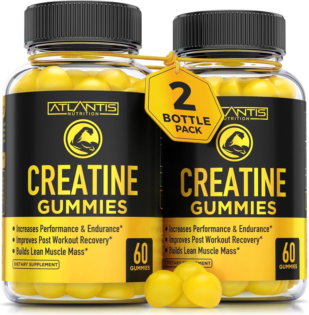 Atlantis Nutrition Creatine Monohydrate Gummies for Strength & Athletic Performance - 5g Creatine Per Serving - Costruire il muscolo, Aumentare le prestazioni e migliorare il recupero post allenamento - 120 Count