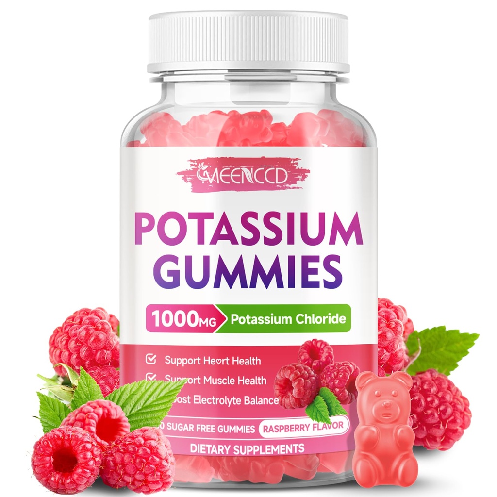 Gummie di potassio, Cloruro di potassio 1000mg per adulti, Zucchero-Free Potassium Supplement Gummies Support Electrolyte Balance & Leg Cramps per donne & uomini, Sapore di lampone, 60 Conte