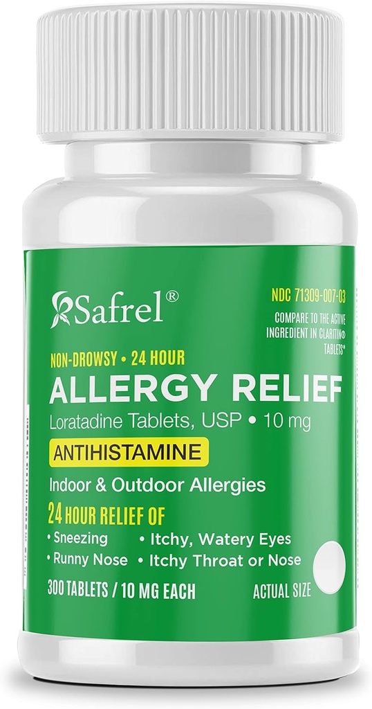 Safrel Allergy 10mg Tablets | Non-Drowsy 24 Hour Allergy Relief Medicine | Supporto antistaminico per Runny Nose, Sneezing, Itchy, Watery Eyes (300 Count (Pack of 1))