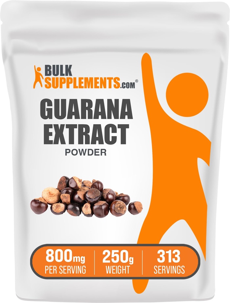 BulkSupplements.com Polvere di estratto di Guarana - Supplemento di caffeina naturale, dal seme di Guarana, polvere di Guarana - senza glutine, 800mg per porzione, 250g (8.8 oz) (Pack of 1)
