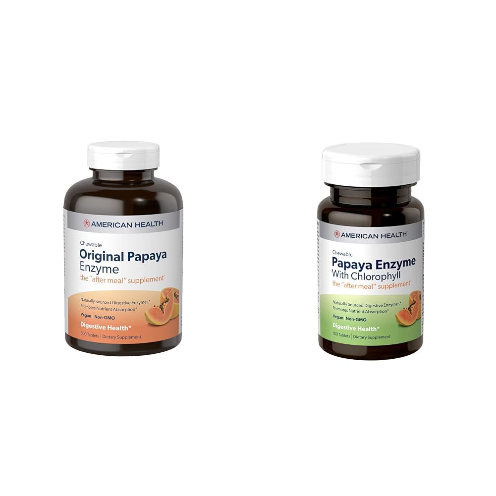 American Health Papaya Digestive Enzyme Chewable Tablets Bundle - Originale 600 Conte e con Chlorophyll 100 Conte