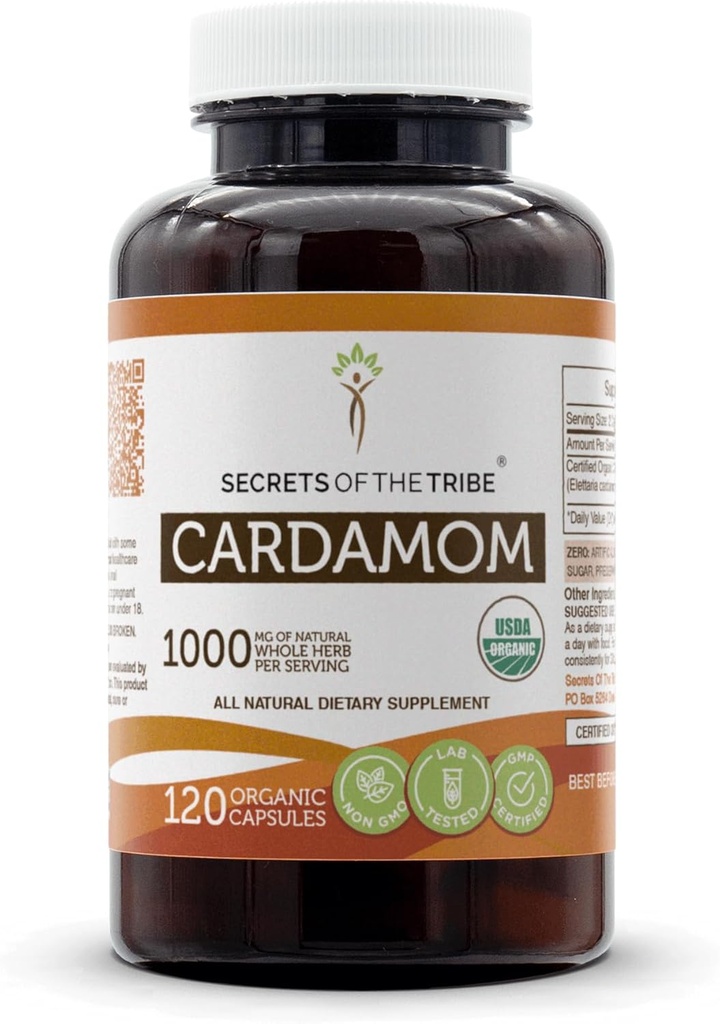 Segreti della Tribe Cardamom USDA Capsule Organici | Capsule Vegetariani Organici Certificati, Integratore Alimentare Elettaria Cardamomum Dried Pod (120 Conte)
