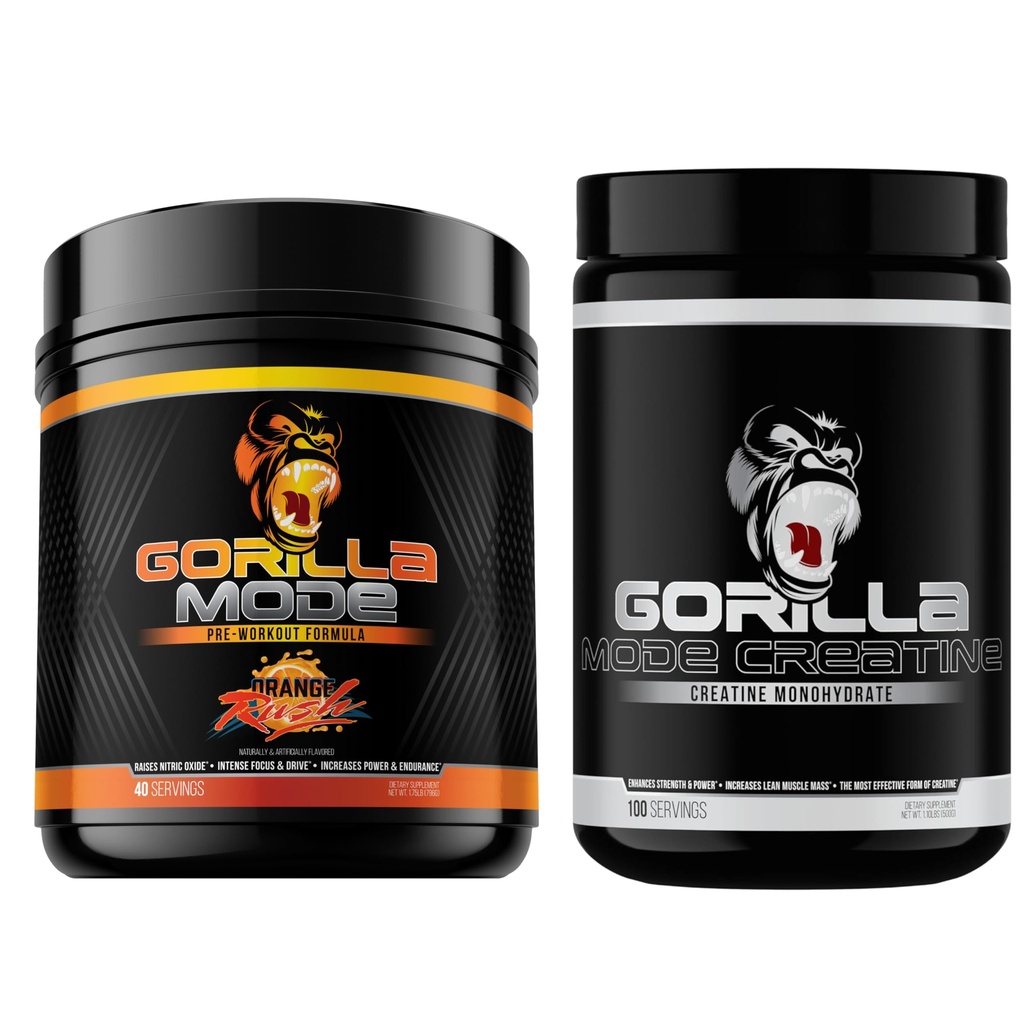 Gorilla Mind Pre Workout (Orange Rush) + Creatina (100 Serv.) - Stack completo per una migliore resistenza, uscita di potenza e dimensione del muscolo