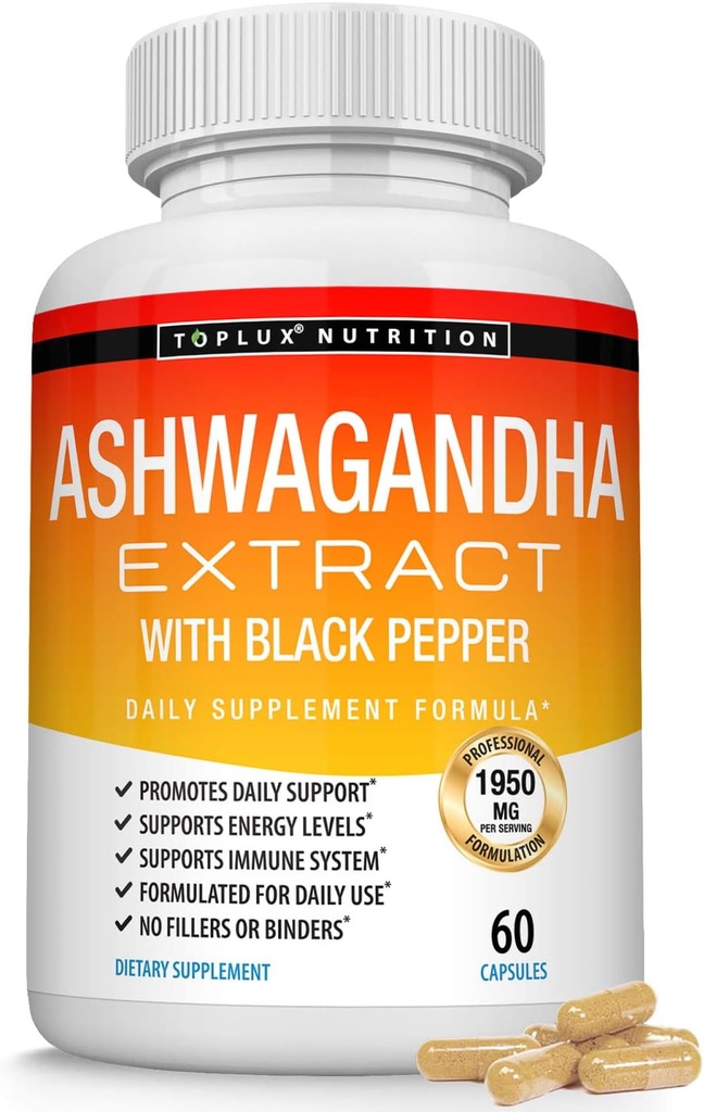 Pillole di radice di Ashwagandha Organico 1950 Mg con estratto di pepe nero - Pure Natural Ashwagandha Supplemento, Support Energy, per le donne degli uomini, 60 capsule