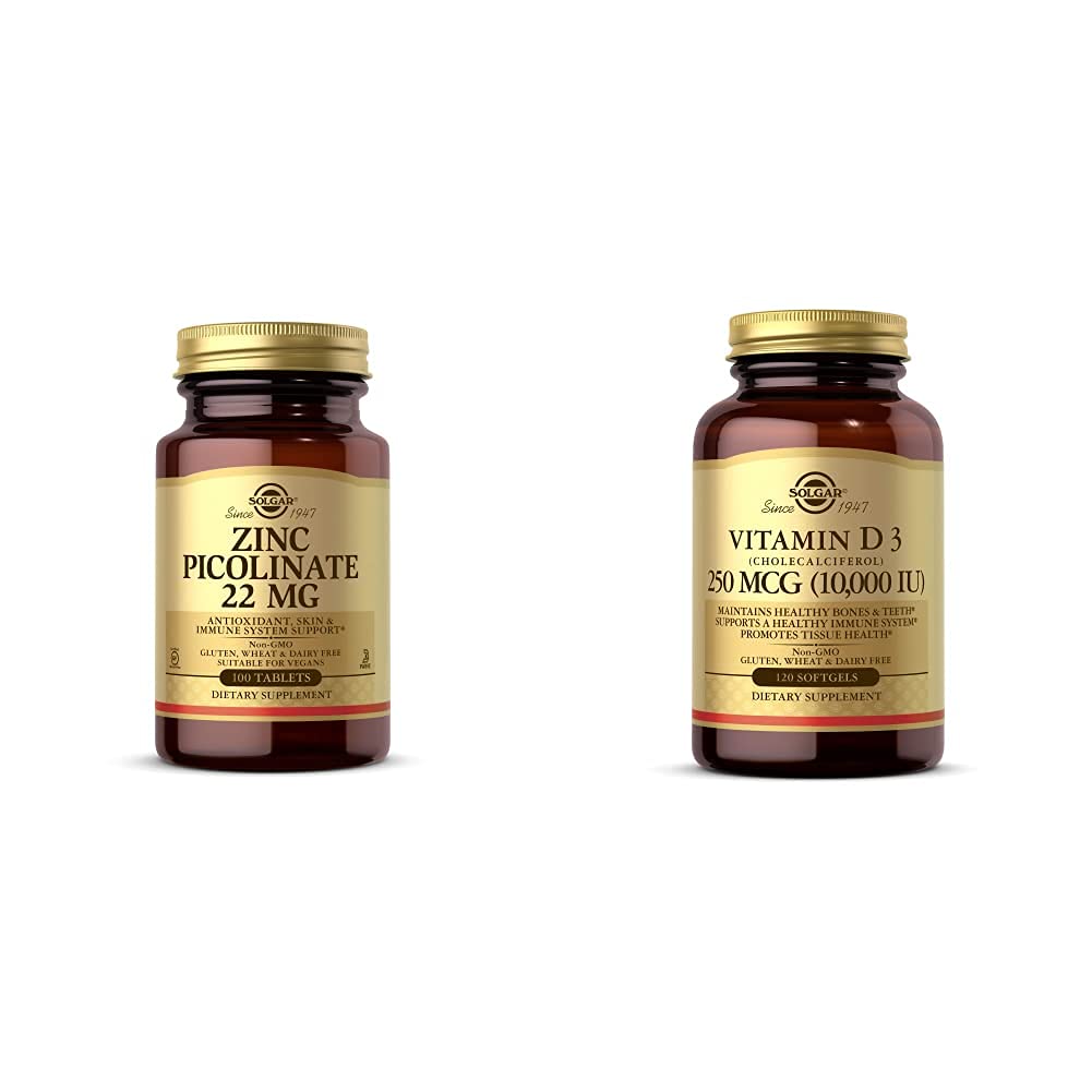 Solgar Zinc Picolinate 22 mg, 100 compresse - Promuove la pelle sana - Supporta il sistema immunitario, T normale con vitamina D3 (Cholecalciferol) 250 MCG (10.000 UI), 120 Softgels - Aiuta a mantenere le ossa sane