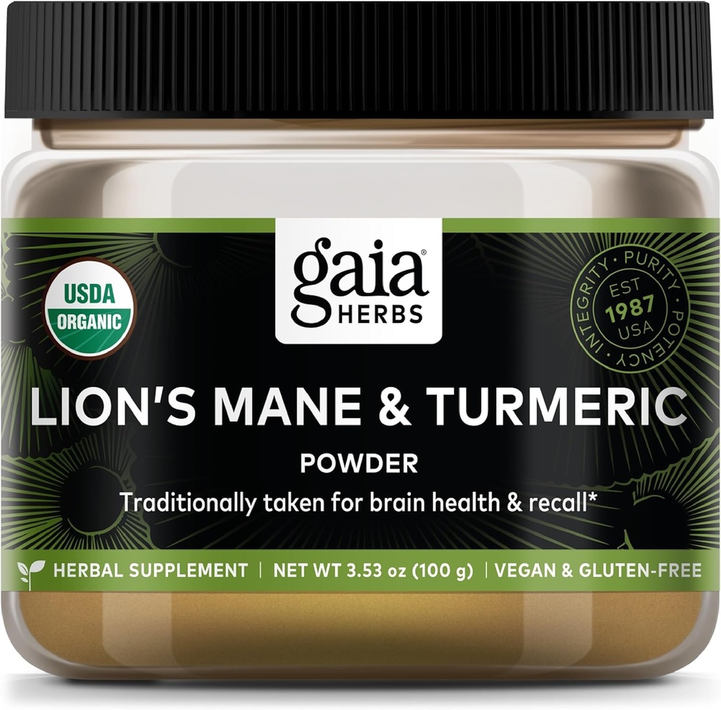 Gaia Herbs Lion's Mane & Turmeric Powder - Herbal Mushroom Supplement Powder per aiutare a mantenere la salute del cervello e la guarigione - Certificato USDA Organic-3.53 Oz (Up to 45-Day Supply)