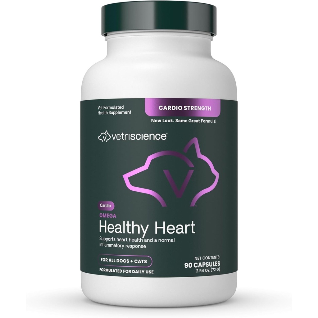 VetriScience Omega Healthy Heart capsule facili-aperte, Cardio Strength Taurine e Omega-3 supplemento per cani e gatti, supplemento di supporto cardiaco per gli animali, 90 Conte