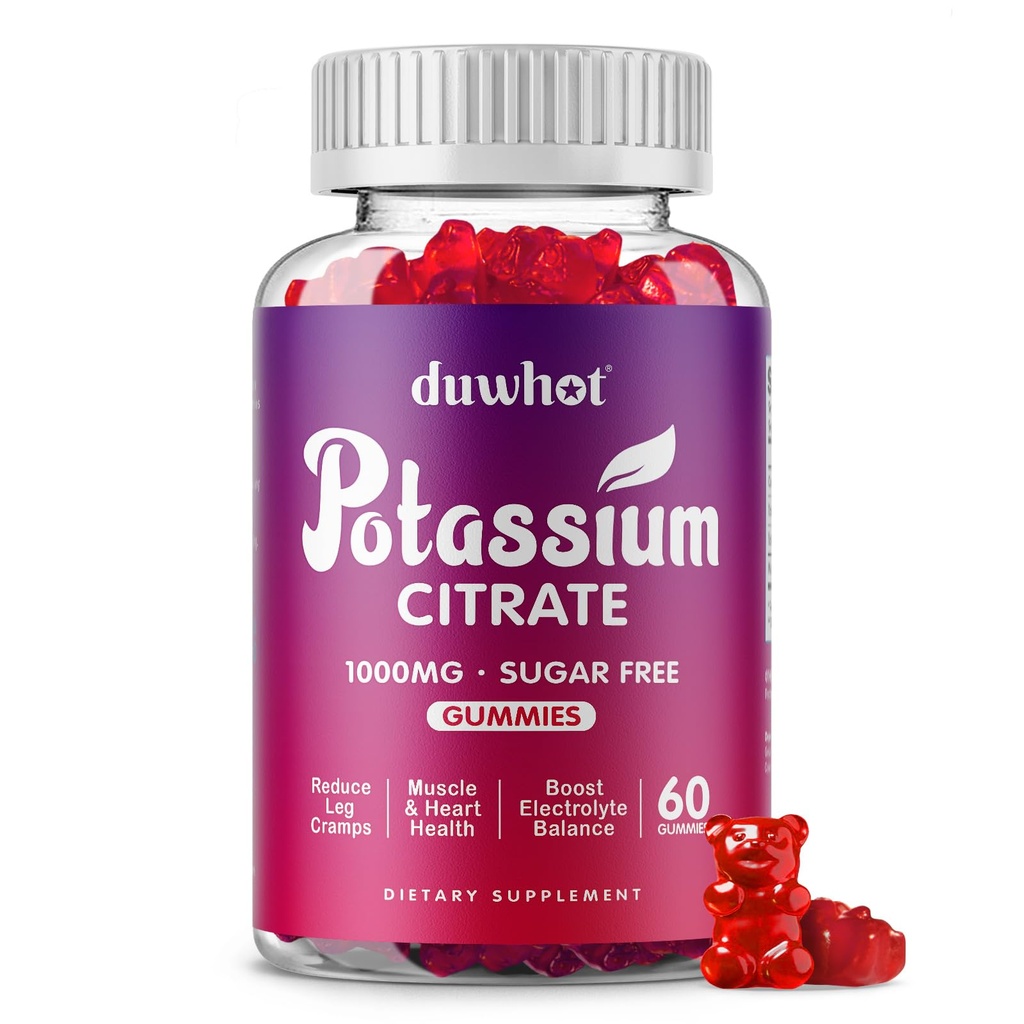 Citrato di potassio 1000mg Gummies, Supplemento di potassio per le donne e gli uomini adulti, Gambe di sostegno & salute del muscolo, 60 Chewables