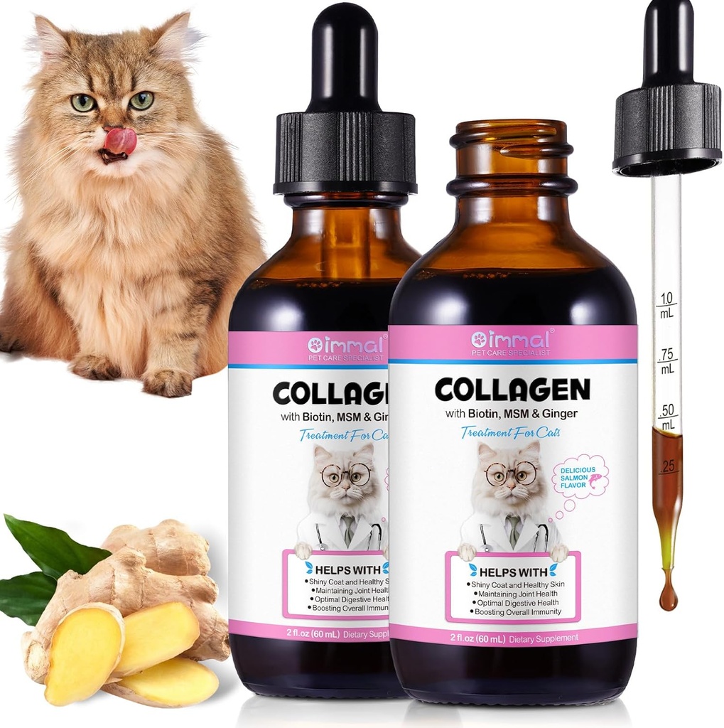 Collage liquido 2Pack per gatti, collagene per gatti 2 fl.oz, pelle e cappotto Supplemento per gatti, Itch Relief per gatti con allergie, con Collagene Bovino, Biotina, MSM, Ginger, Collage per gocce di gatti