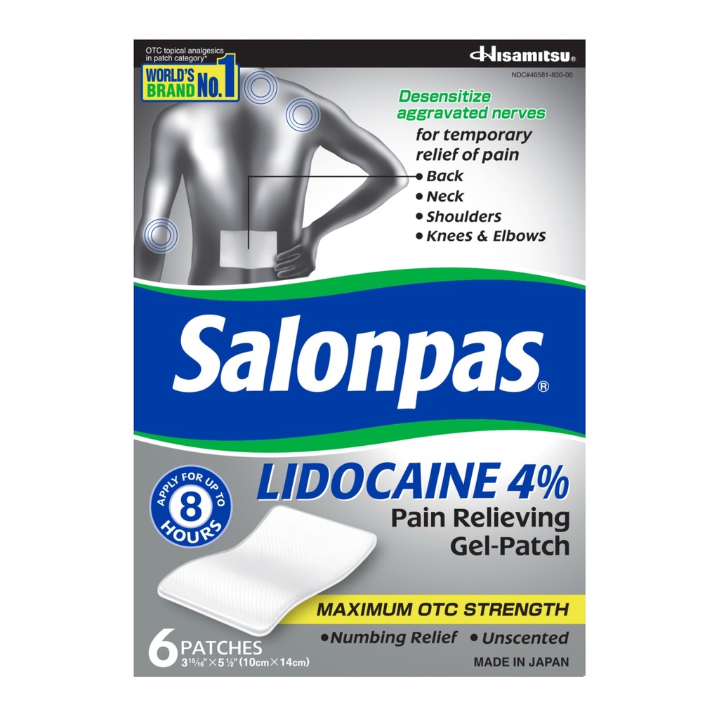 Salonpas Lidocaine 4% Dolore allevia Gel-Patch, 6 Conte, per schiena, collo, spalla, ginocchio & Elbow Pain