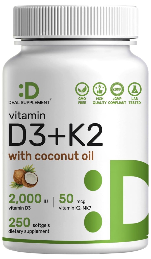 Vitamina D3 2000 IU + K2 MK7 50mcg Softgels | Complesso 2-in-1 con olio di cocco vergine | Supporta cuore, ossa, denti e salute immunitaria | Facile da ingoiare