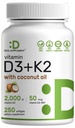 Vitamina D3 2000 IU + K2 MK7 50mcg Softgels | Complesso 2-in-1 con olio di cocco vergine | Supporta cuore, ossa, denti e salute immunitaria | Facile da ingoiare