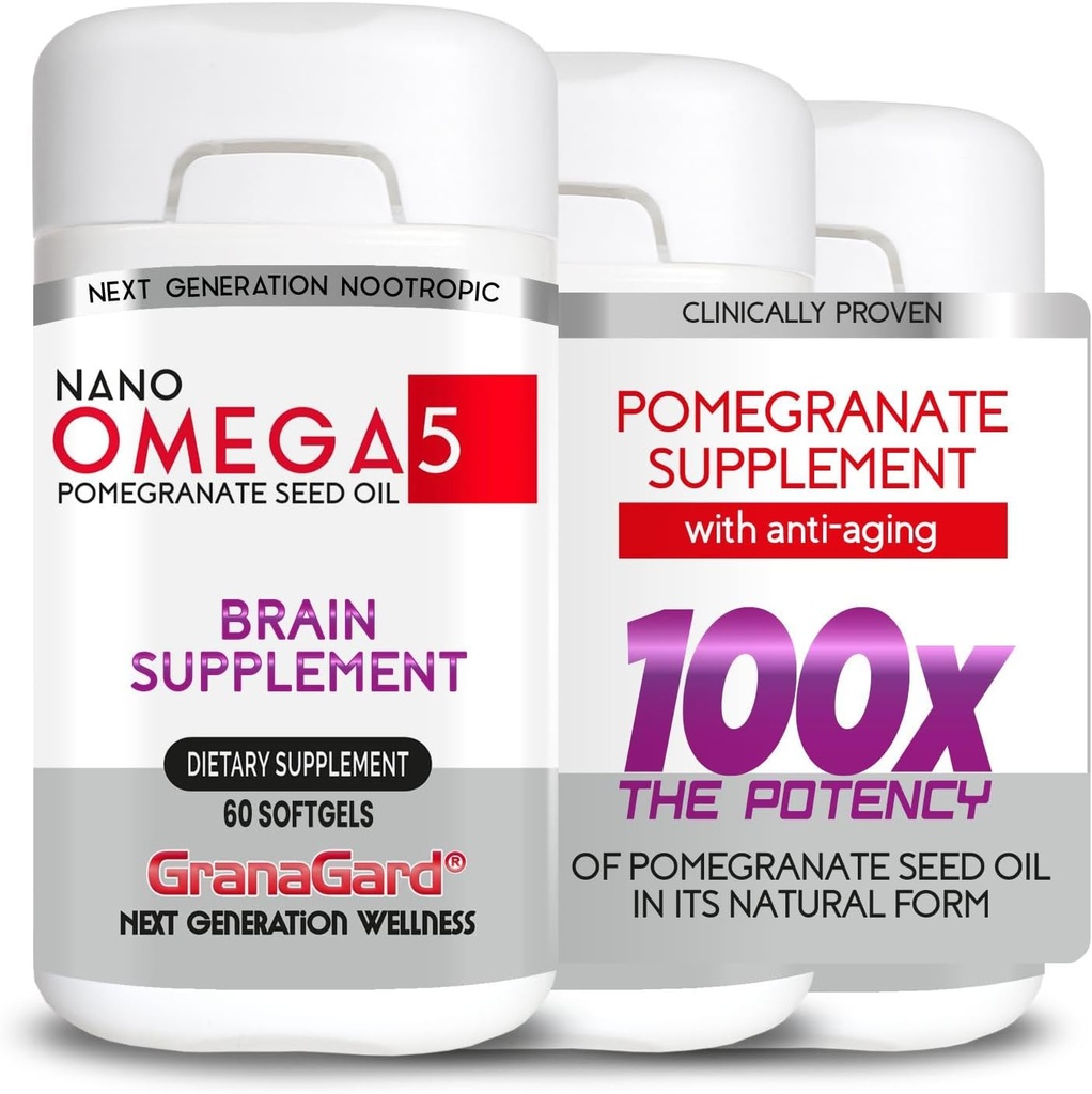 CLINICALLY Proven (3-mese di alimentazione) Integratori del cervello con Anti invecchiamento, Pillole di memoria, Omega 5 Pomegranate supplemento, 3 bottiglie 60ct ogni