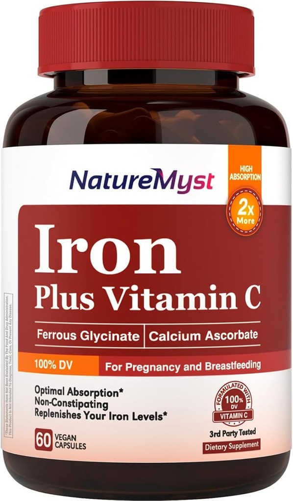 Supplemento di ferro delicato per gli uomini delle donne, 27 mg di ferro Bisglycinate Plus 120 mg di vitamina C, amichevole di stomaco, assorbimento ottimale e pillole di ferro non costipanti, senza glutine, non OGM, 60 tappi vegani