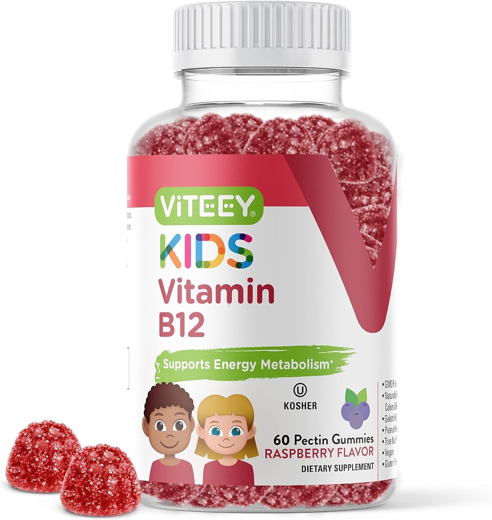 Viteey Vitamina B12 per bambini Gummies, 1000mcg - Metabolismo, Natural Energy Support - Vegan, Gelatin Free, Gluten Free, GMO Free - Tasty Chewable B12 Raspberry Flavored Gummy