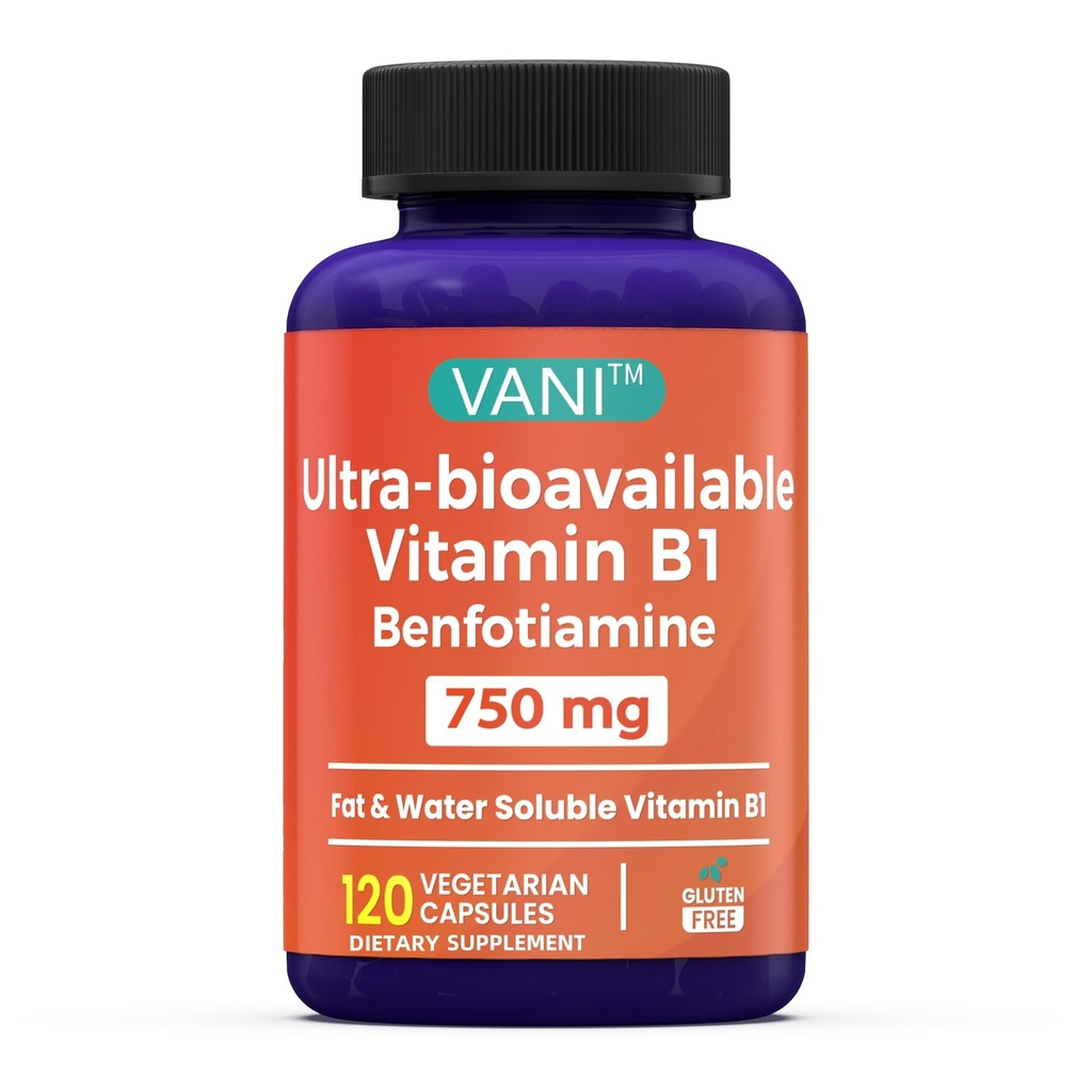 VANI Vitamina B1 con 750mg Benfotiamine, 2 in 1 Formula potenziata -Fat & Water Soluble Thiamine B1 Supplemento | 120 capsule | Gluten Free