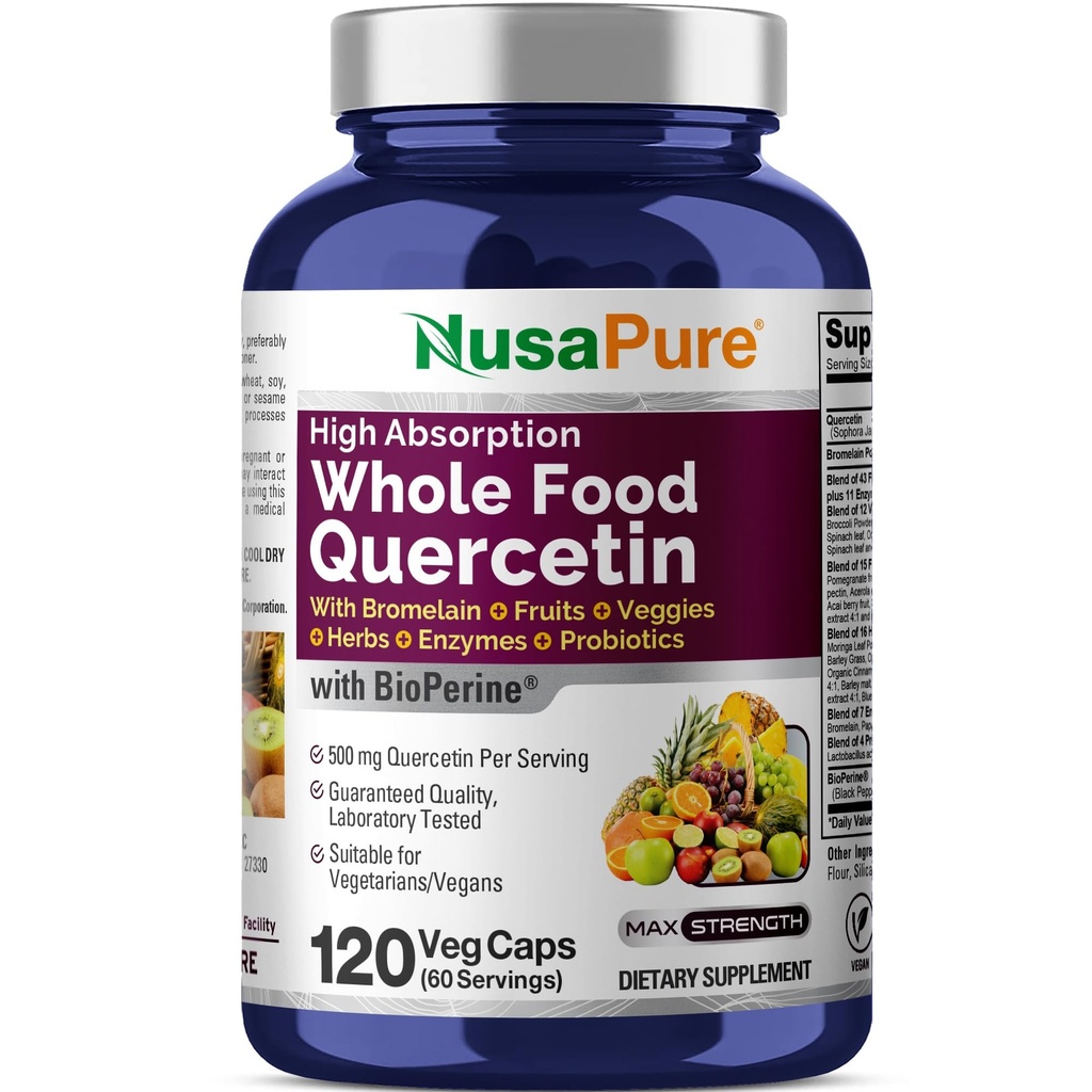 NusaPure Quercetin con Bromelain 500mg |120 Caps Veggie | 43 Frutta Veggie Grain Herbs Enzyme Probiotic Blend | Non OGM, Vegan, Bioperine