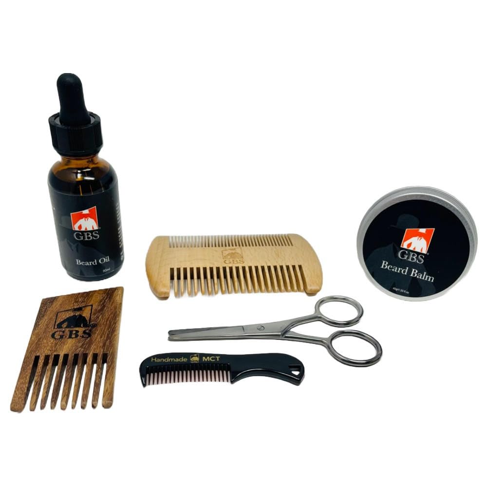 G.B.S Natural Beard Kit - Beard olio con Jojoba, Beard Condizionamento Balm, 2 Cuscinetto Sided Comb, Pocket Mustache Comb, Beard e Mustache Trimming Forbici