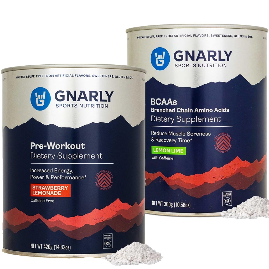 Gnarly Nutrition Gnarly Preworkout Strawberry Lemonade Caffeine Free (14.82oz) BCAAs Lime Limo (10.58oz)