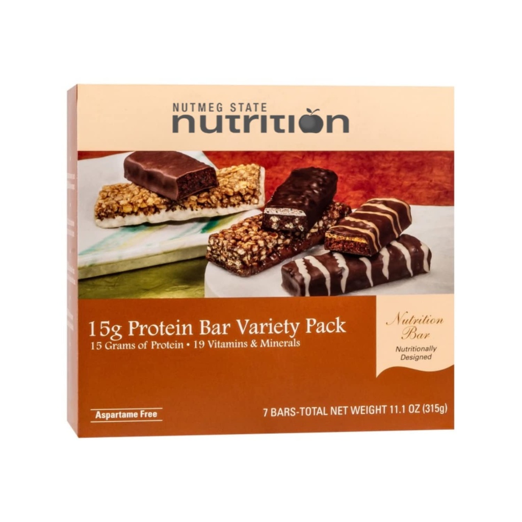 Nutmeg State Nutrition High Protein Snack and Meal Sostituzione Bar / Barrette - 15g Protein Bar Variety Pack (7ct) - Trans Fat Free, Aspartame Free, Kosher, High Fiber