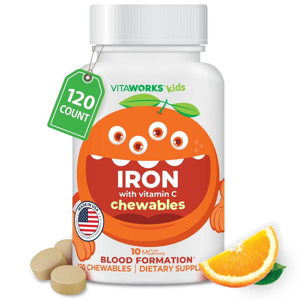 Bambini Iron 10mg con Vitamina C 50mg Chewable Tablets - Sapore Natural Flavored - Vegan, Vegetariano, OGM-Free, Nut Free - Supplemento Dietetico Ferro - Formazione Sangue per Bambini - 120 Chewables