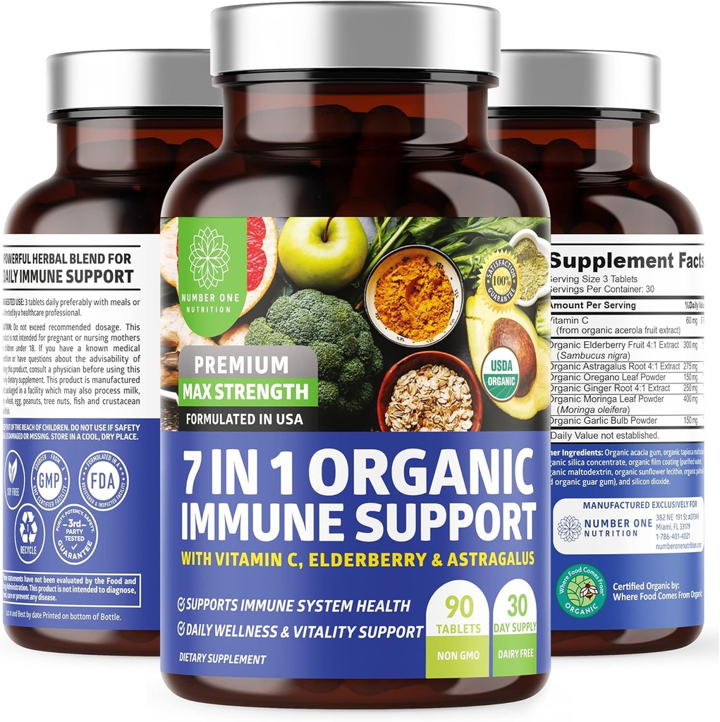 N1N Premium 7 in 1 Integratore di Sostegno Immune [100% USDA Organic] Boost giornaliero Immune con Vitamina C, Elderberry, Moringa Leaf, Oregano e Aglio per Immunità e Risposte Immunitarie, 90 compresse
