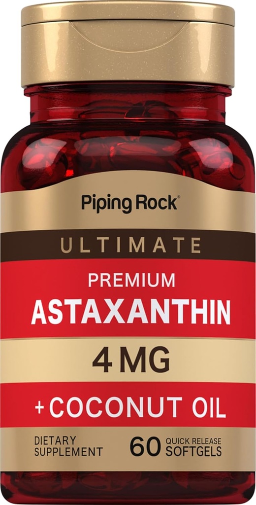 Piping Rock Astaxanthin 4mg | 60 Softgels | con olio di cocco | Algae Extract Supplement | Non OGM, Gluten Free