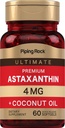 Piping Rock Astaxanthin 4mg | 60 Softgels | con olio di cocco | Algae Extract Supplement | Non OGM, Gluten Free