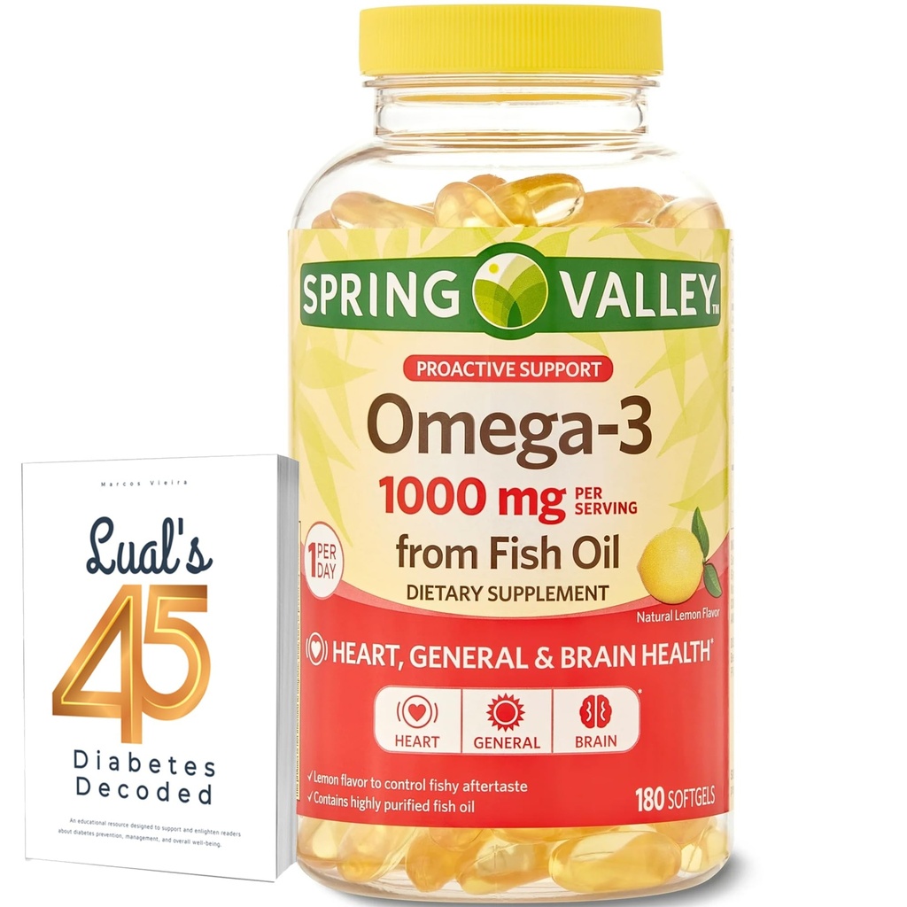 Primavera Valle Omega-3 Fish Oil Soft Gel, 1000 mg, 180 Conta, Supplemento dietetico, Omega-3 acidi grassi Bundle con 45 diabeti di Lual decodificato