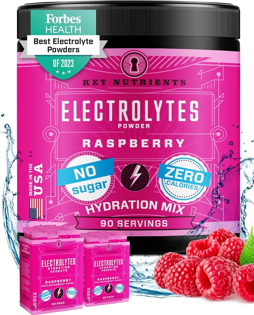 Polvere di elettroliti multivitaminici di KEY NUTRIENTs senza zucchero - Polvere di elettrolita di lampone succosa - polvere di idratazione - senza calorie, polvere di elettroliti senza glutine di Keto - 90 porzioni - Made in USA