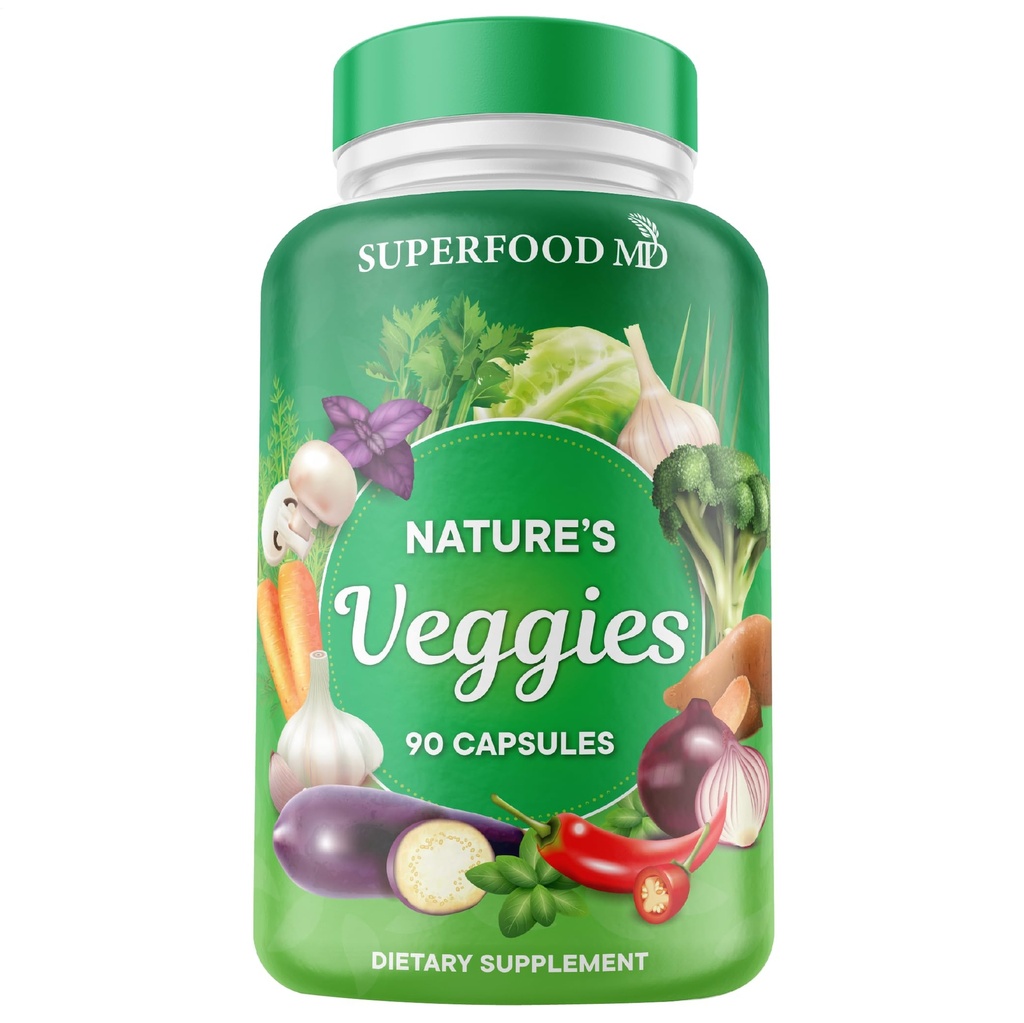 Superfood MD Veggies Supplemento - 90 Capsule Veggie - Supporta livelli di energia, Beta Carotene, Vitamine & Minerali - Soia Gratis - 90 Conte