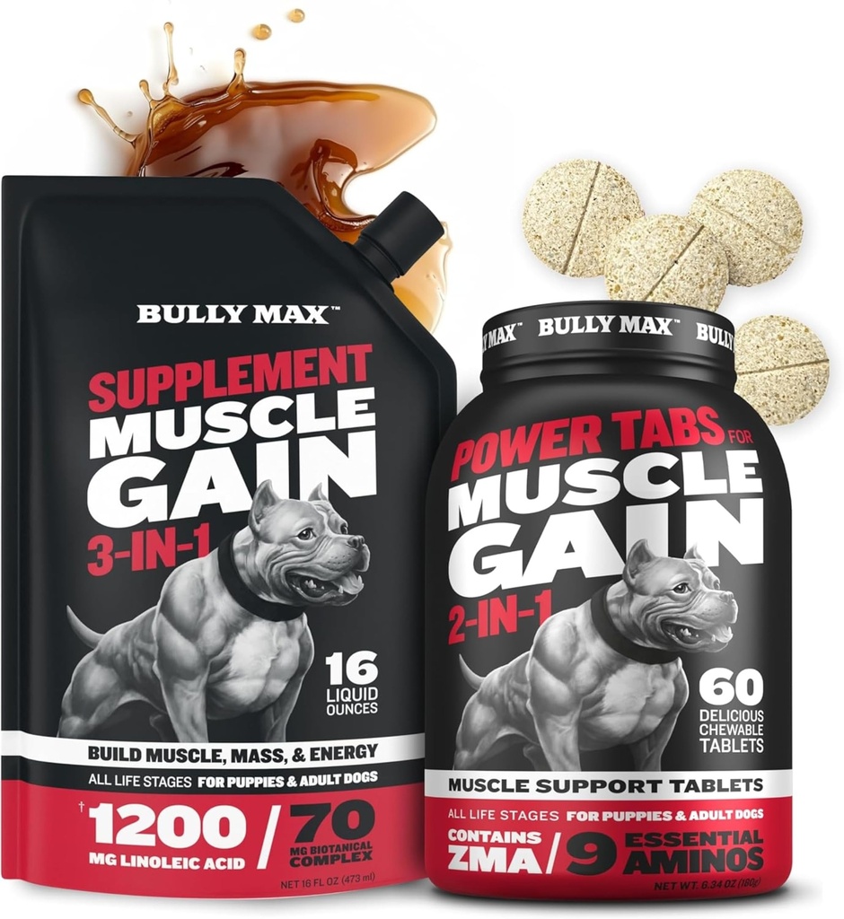 Bully Max 3-in-1 Liquid Dog Muscle Builder e schede di potenza (60 schede) Bundle – Integratore ad alta proteina e Multivitaminici masticabili per la crescita del muscolo, energia e recupero in tutte le razze, cuccioli e cani adulti