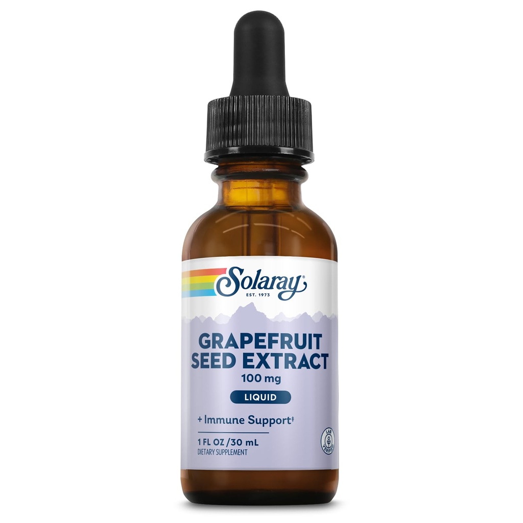 Estratto di semi di pompelmo SOLARAY Gocce 100mg - Integratore di supporto benessere - Gocce liquide convenienti, Garanzia di rimborso di 60 giorni, Verificato laboratorio, Circa 100 Serve, 1 FL OZ