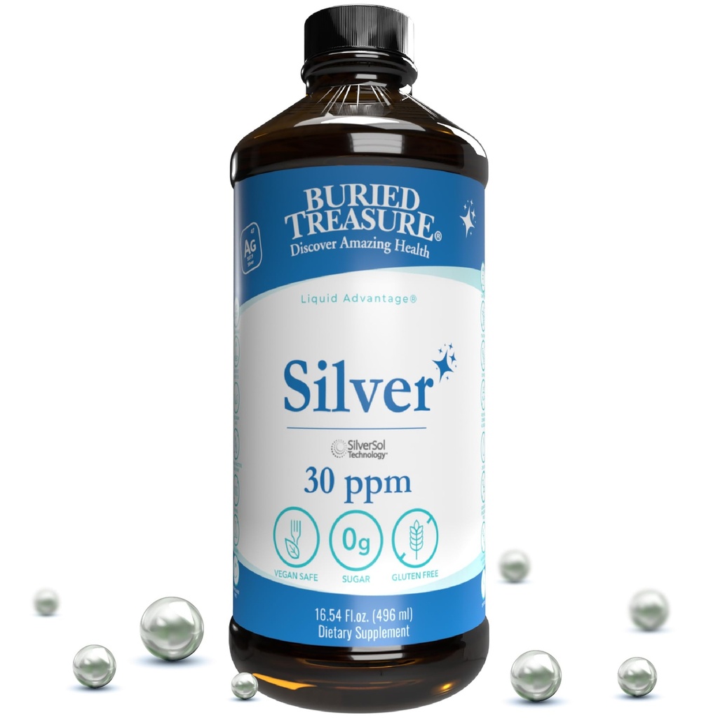 Buried Treasure Purified Silver Liquid 30 PPM - 16 oz. 96 Serve, Non-Accumulative Nano Silver Solution, Spray & Dietary Immune Supplement