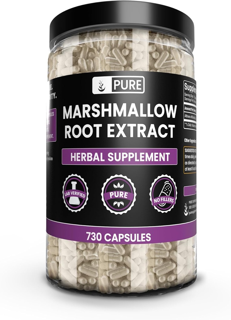 PURE ORIGINAL INGREDIENTI Marshmallow Root (730 capsule) Nessun filler di magnesio o di riso, sempre puro, verificato il laboratorio