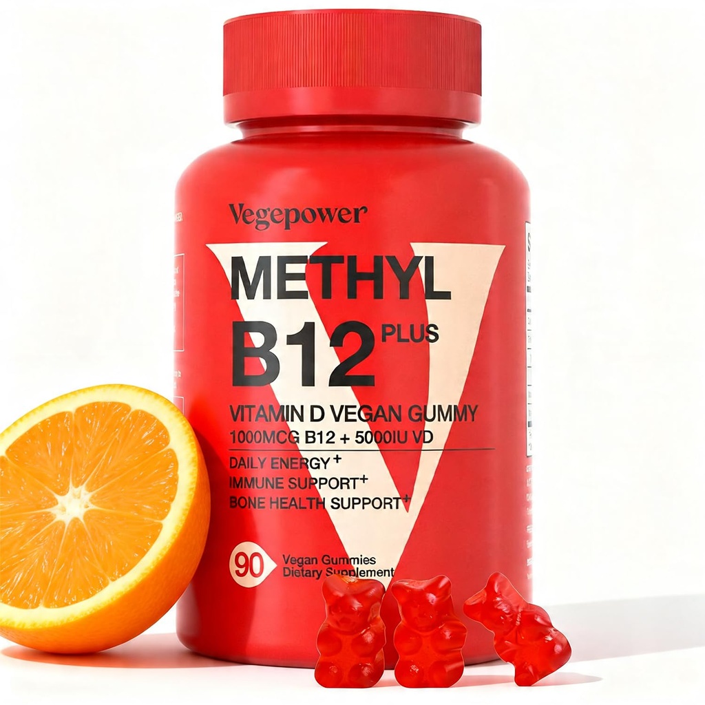 Vegan Vitamin D3 & B12 Gummies, Methyl B12 Supplemento per adulti e bambini, potenziato con vitamina D 3 per l'energia naturale, Immune, Metabolismo & Focus, Arancione, 90 Gummies
