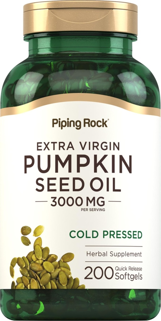 Piping Rock Pumpkin Seed Oil Softgel Capsule | 200 Count | Cold Pressed Herbal Supplement | Extra Virgin con Omega 6 e 9 | Non OGM, Gluten Free