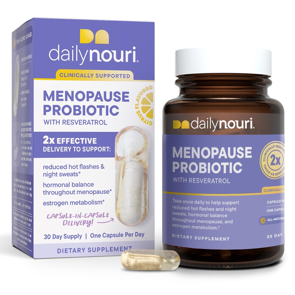 Probiotici Nouri Menopause giornalieri per le donne | Equilibrio ormonale, Flash caldi, Night Sweats & Gut Health | 3 Strains clinicamente studiati + Resveratrol & Omega | 30-Day Supply