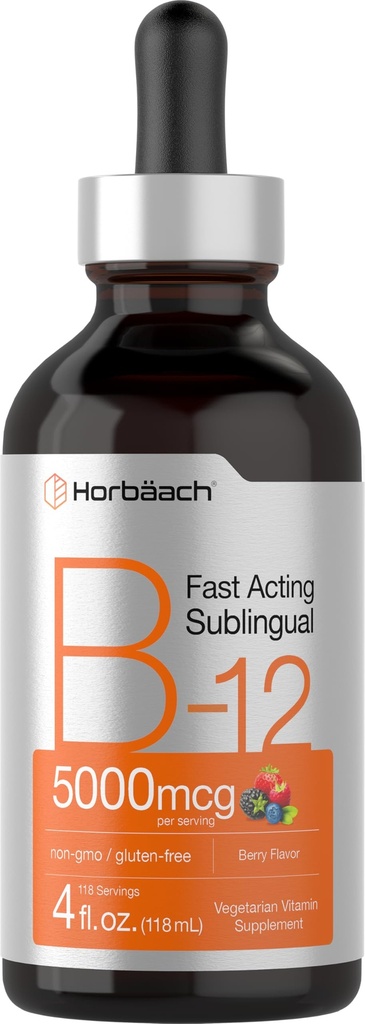 Horbaach B12 Vitamina 5000 mcg Sublingual | 4 Fl Oz | come Methylcobalamin e Cyanocobalamin | Liquid Vegetarian Drops | Berry Flavor | Non-GMO & Gluten