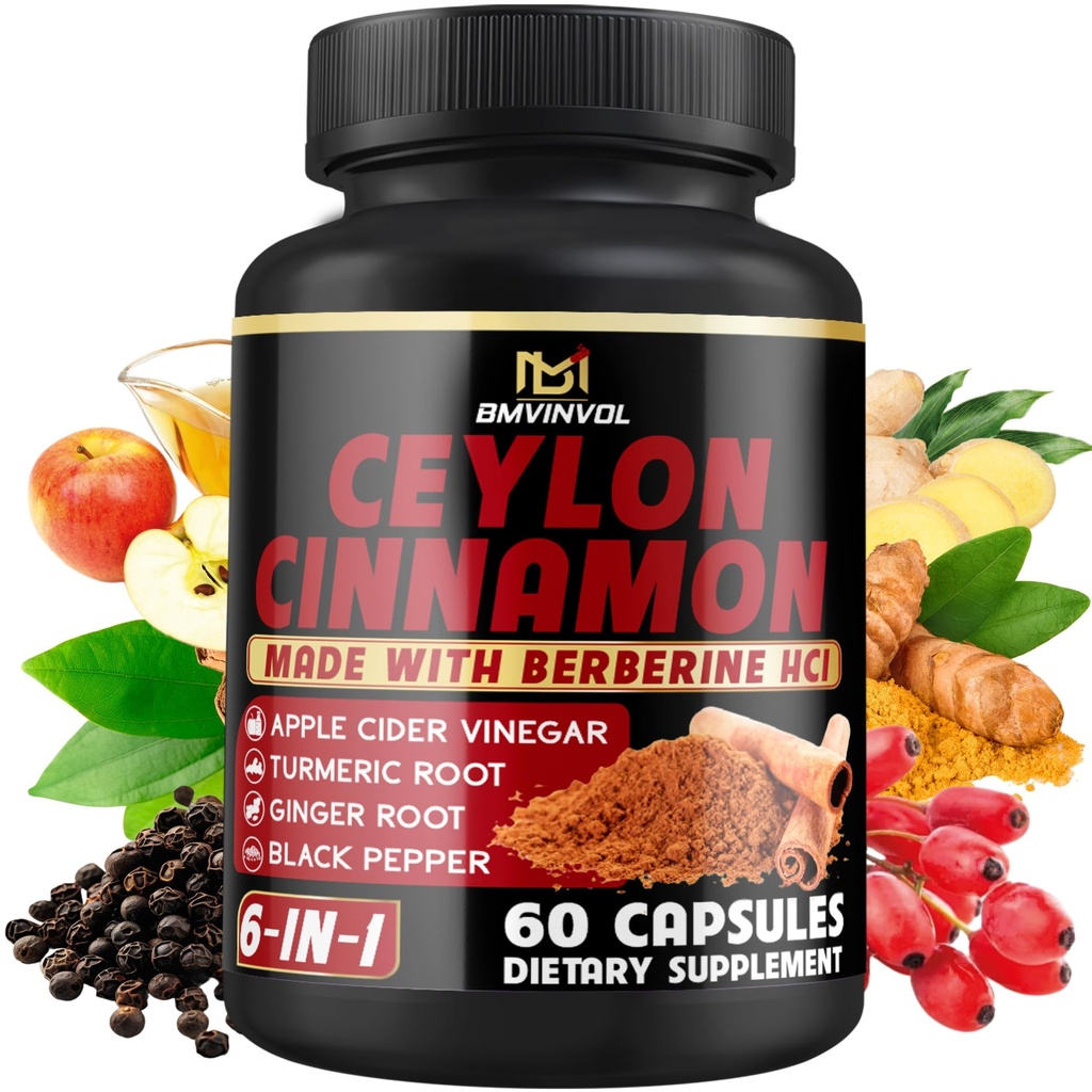 Ceylon Cinnamon Capsule con Berberina HCl, Aceto di Sidro di Mele, Turmerico, Ginseng, Pepe Nero - 6in1 per Supporto Funzione Immune - 60 Conte