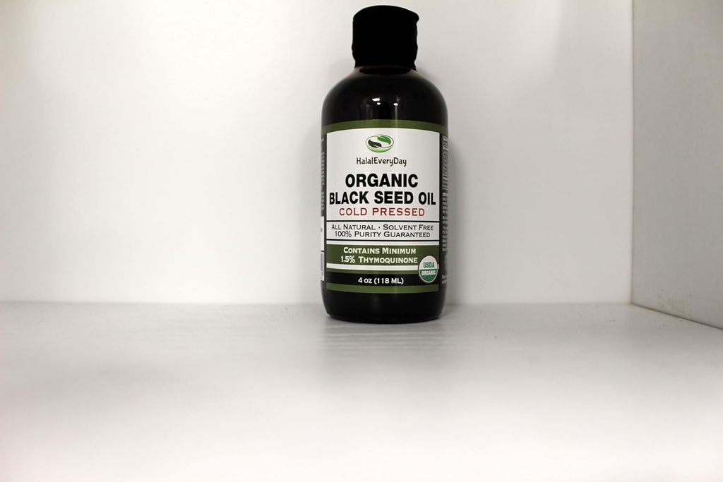 HalalEveryDay Organic Black Seed Oil - bottiglia di vetro stampata a freddo certificata USDA oltre l'1,5%