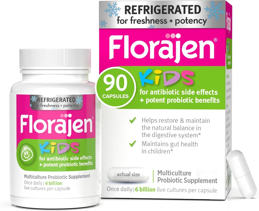 Florajen Kids Probiotic, 6 miliardi di CFU, Probiotici Refrigerati per Bambini, Integratore Probiotico Multi Culture, Allevia Gas Occasionale, Bloating & Constipation, Supporti Salute Gut, 30 Ct (3 Pack)