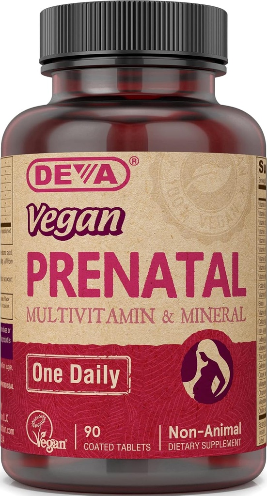 Deva Vegan Prenatal Multivitamina e Supplemento Minerale - Una volta per giorno Formula - Vitamine A, C, D, E, K, B Complex, con Folate & Chelated Iron - 90 compresse rivestite, 1-Pack