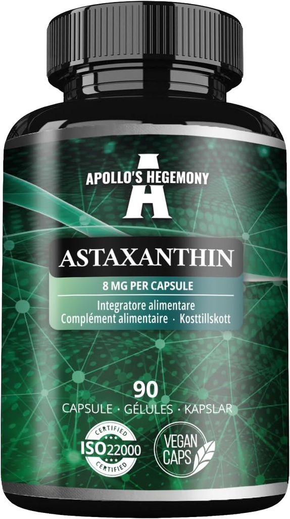 APOLLO'S HEGEMONY Astaxanthin 8 mg da Microalgae Haematococcus pluvialis - 90 capsule vegane - 3 mesi di alimentazione - potente antiossidante - Supplemento dieta