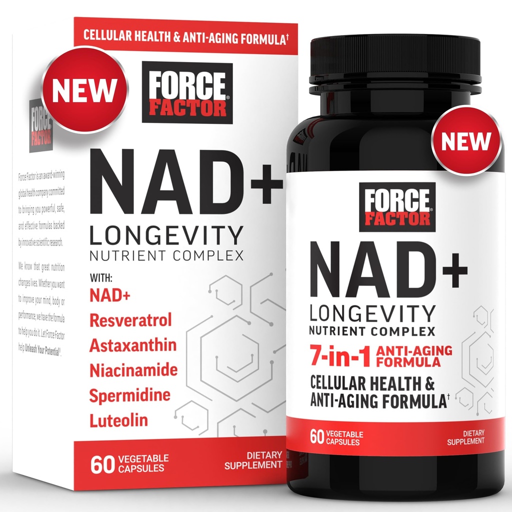 FORCE FACTOR NAD+ (NMN o Nicotinamide Riboside Alternative) con Resveratrolo, Astaxantina, Spermidina & Luteolin Complex, NAD per sostenere la salute cellulare e l'invecchiamento sano, 60 capsule