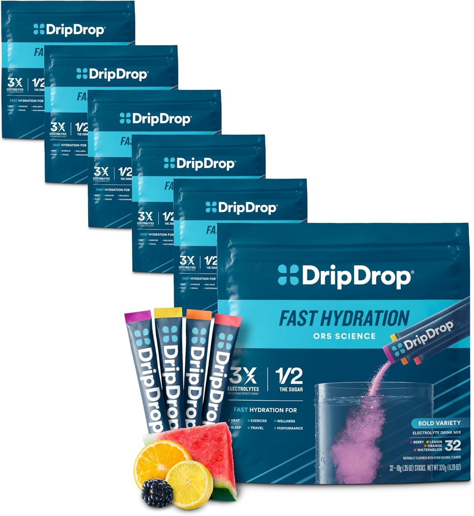 DripDrop Hydration Packets - Bold Variety Pack - Single Serve Electrolytes Powder Drink Mix - Watermelon, Berry, Lemon, Orange - Non OGM, Gluten Free, Vegan - 192 Sticks