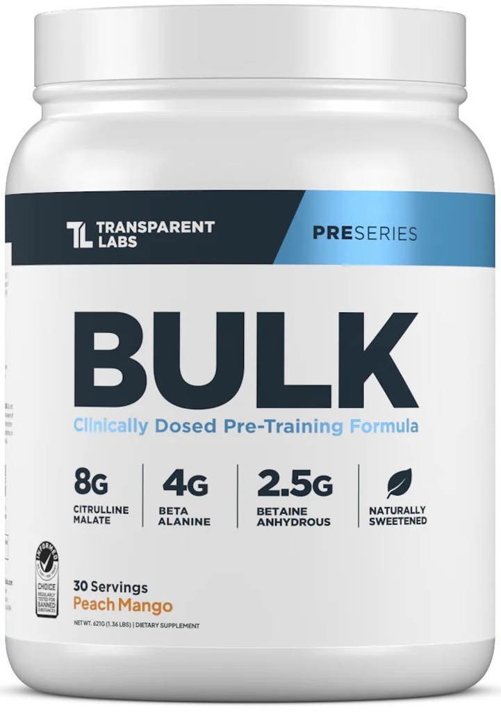 Polvere pre allenamento trasparente Labs Bulk Pre - Formula pre-allenamento avanzata naturalmente addolcita per la costruzione e la resistenza del muscolo - 30 Serve, Mango di pesca